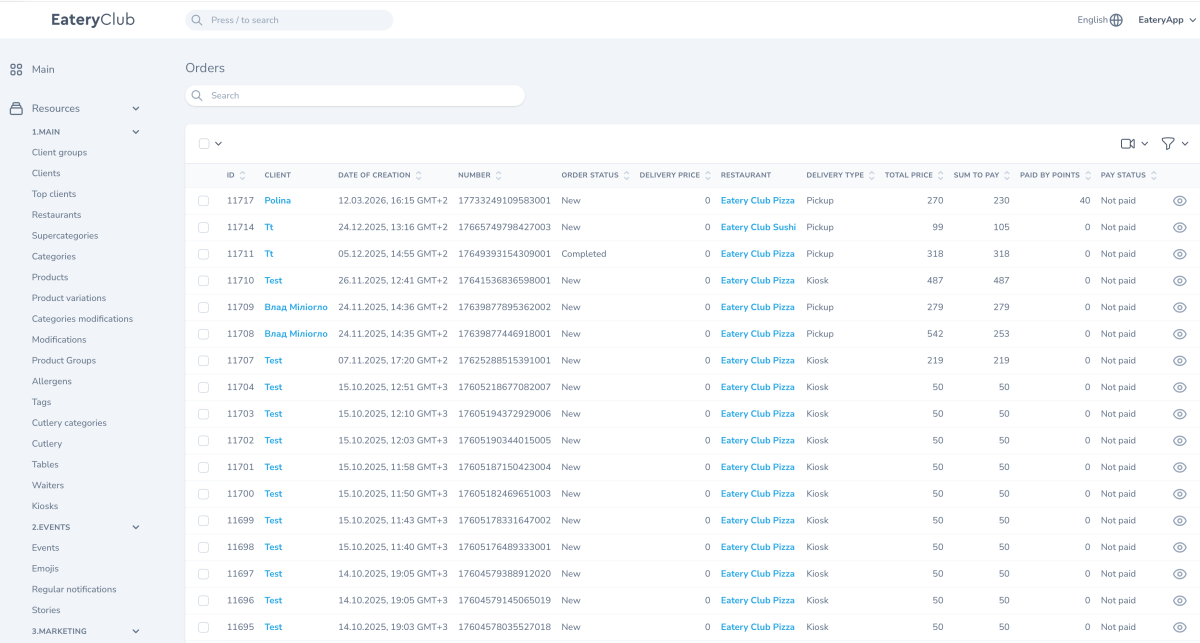 The order list in the Eatery Club admin panel, English interface: the ID, client, date, number, order status and amount columns