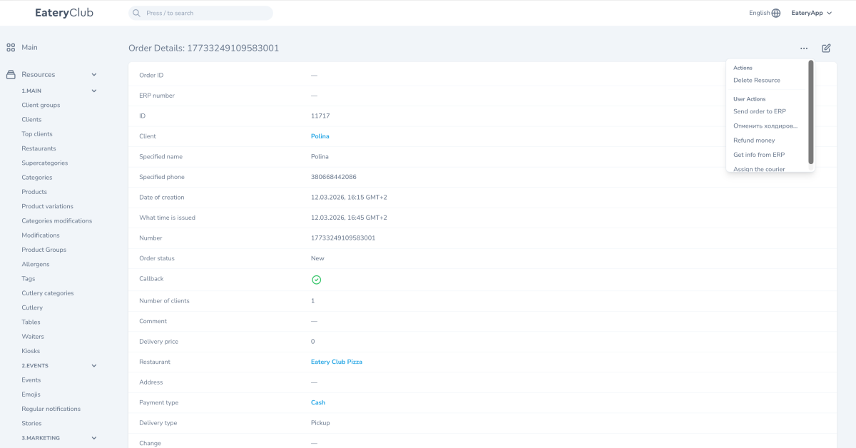 The order card in the Eatery Club admin panel, English interface: the order ID, client and status fields and the actions menu