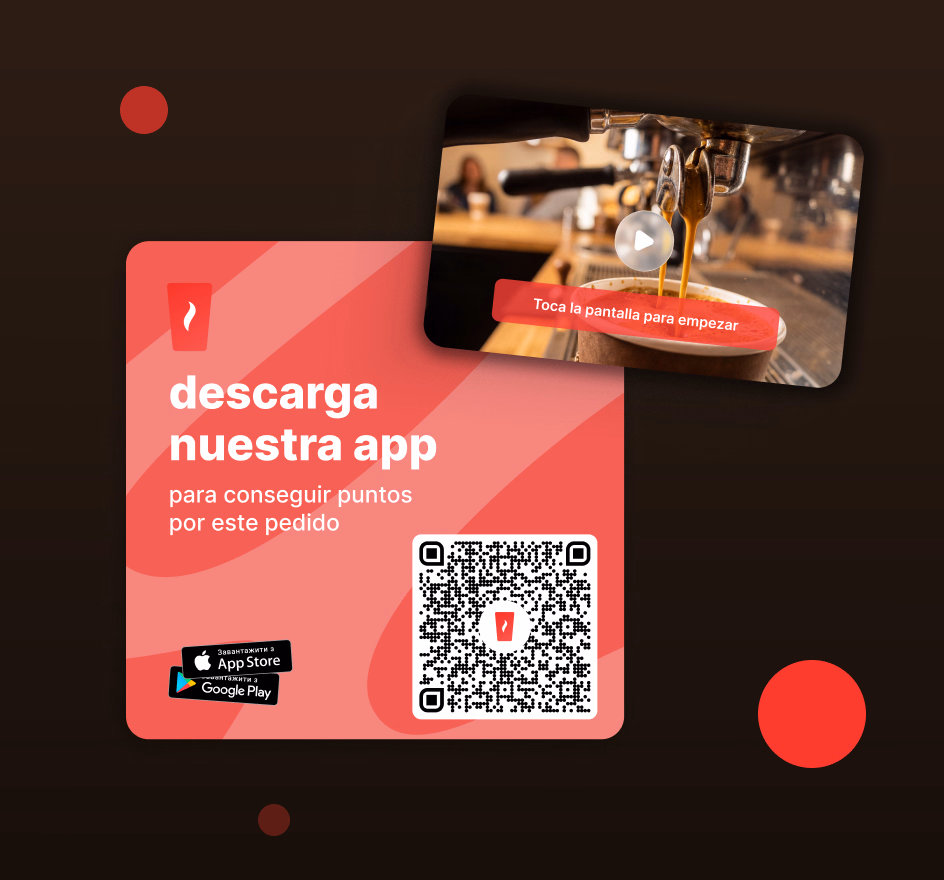 Pantalla promocional de la app de Coffee House con código QR para descargarla Pantalla promocional de la app de Coffee House con código QR para descargarla