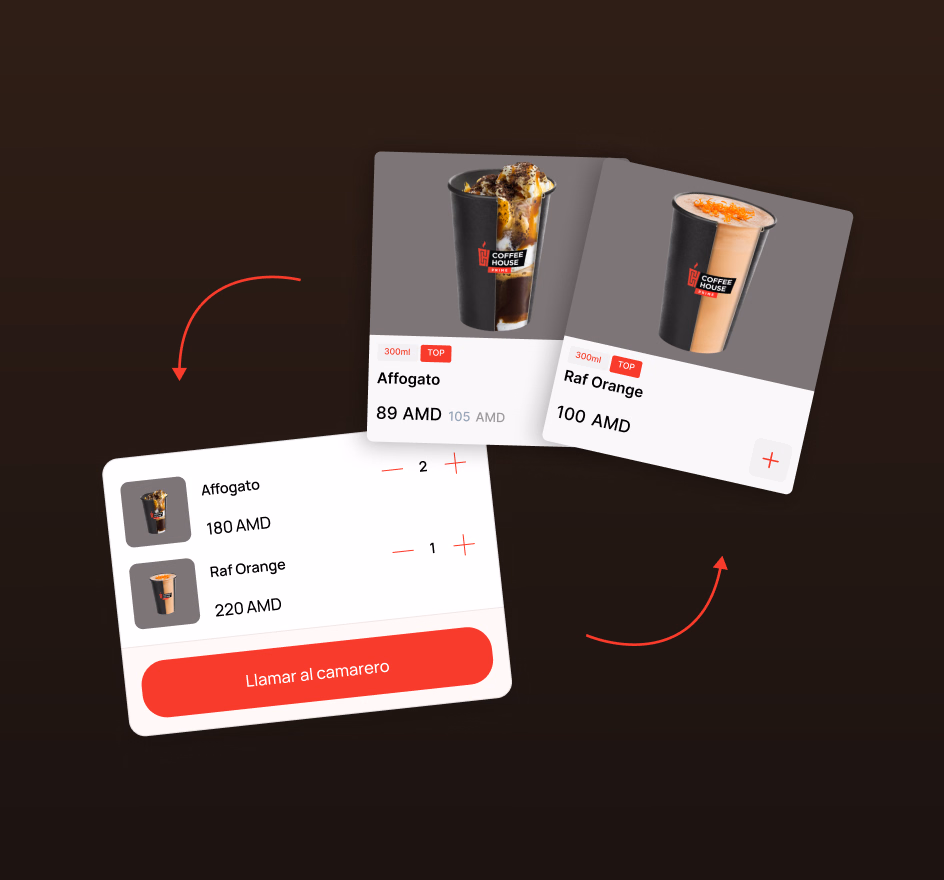 El carrito en la app de Coffee House: dos artículos y el total del pedido El carrito en la app de Coffee House: dos artículos y el total del pedido