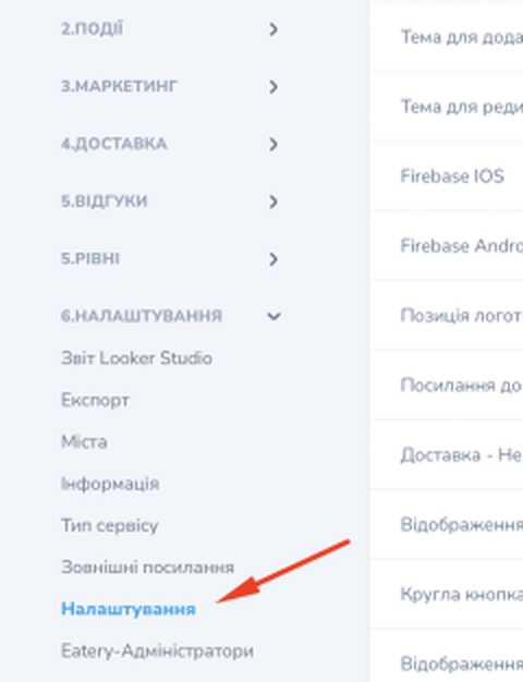 Das Seitenmenü des Admin-Panels: In der Gruppe «6.Settings» ist «Settings» ausgewählt