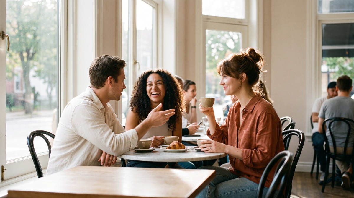 Trei prieteni la o masă lângă fereastra unei cafenele, discutând la o cafea