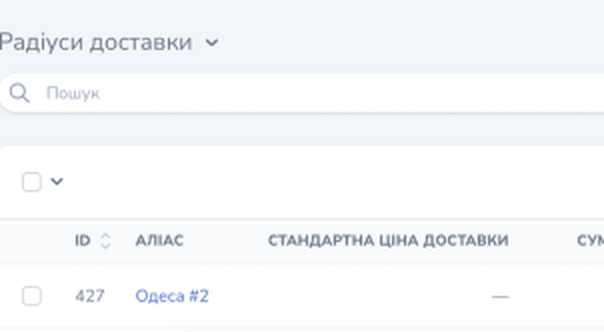 The «Радіуси доставки» block on the zone card: the «ID», «АЛІАС» and «СТАНДАРТНА ЦІНА ДОСТАВКИ» columns and one area row
