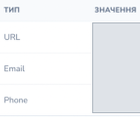 Detail: the «ТИП» column with URL, Email and Phone, and the start of the «ЗНАЧЕННЯ» column, whose values are hidden