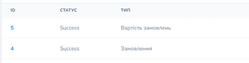 The «ID», «Статус» and «Тип» columns in the export log