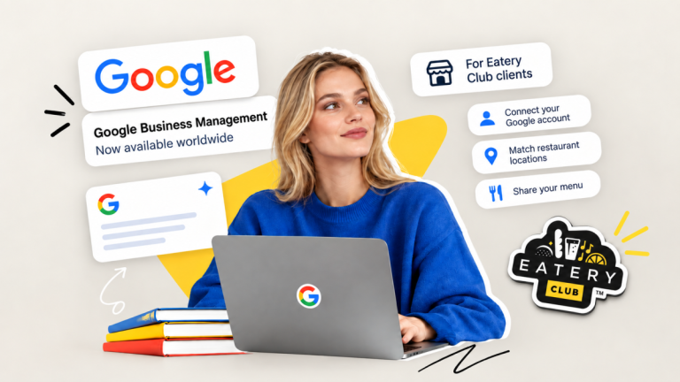 Ilustrație Google Business Management: o femeie la laptop cu sigla Google lângă emblema Eatery Club Ilustrație Google Business Management: o femeie la laptop cu sigla Google lângă emblema Eatery Club