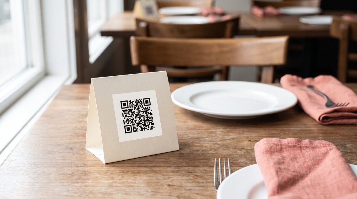 Suport mat cu cod QR pe o masă pregătită pentru oaspeți