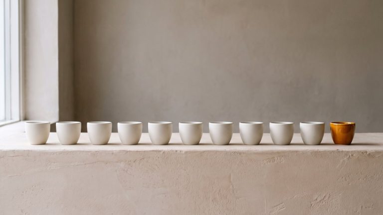 A row of eleven small ceramic cups on a pale plaster counter by a window, ten matte white and the last one glazed orange. A row of eleven small ceramic cups on a pale plaster counter by a window, ten matte white and the last one glazed orange.