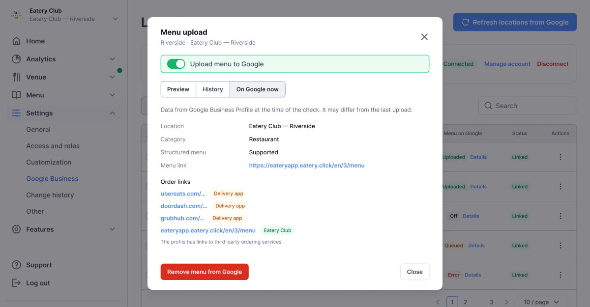 RestoAdmin design mockup with sample US data: the menu upload window on the tab with the profile's current data on Google, for a sample location. It shows the category, structured menu support, a menu link, and four order links, three labeled Delivery app and one labeled Eatery Club.