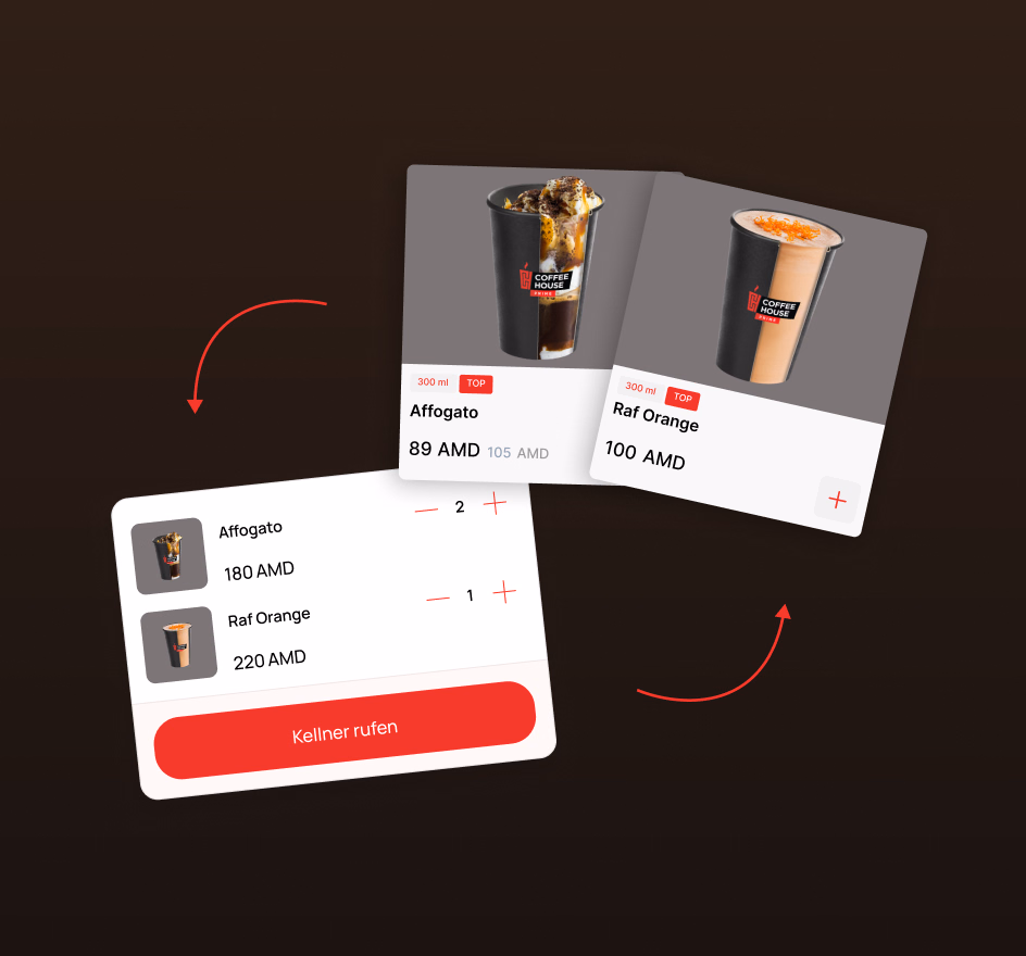 Der Warenkorb in der Coffee House App: zwei Artikel und die Bestellsumme Der Warenkorb in der Coffee House App: zwei Artikel und die Bestellsumme