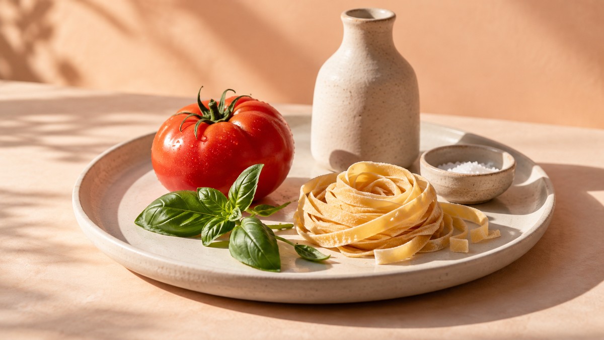 Pasta, eine Tomate und Basilikum auf einem Keramiktablett Pasta, eine Tomate und Basilikum auf einem Keramiktablett