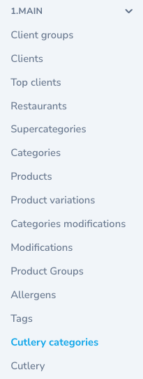Dans le menu latéral « 1.MAIN », « Cutlery categories » est en surbrillance, juste au-dessus de « Cutlery ».