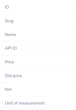 Detaliu al ecranului de administrare: ID, Slug, Name, API ID, Price, Old price, Net, Unit of measurement
