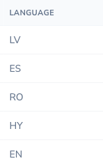 Detaliu al ecranului de administrare: LANGUAGE: LV, ES, RO, HY, EN