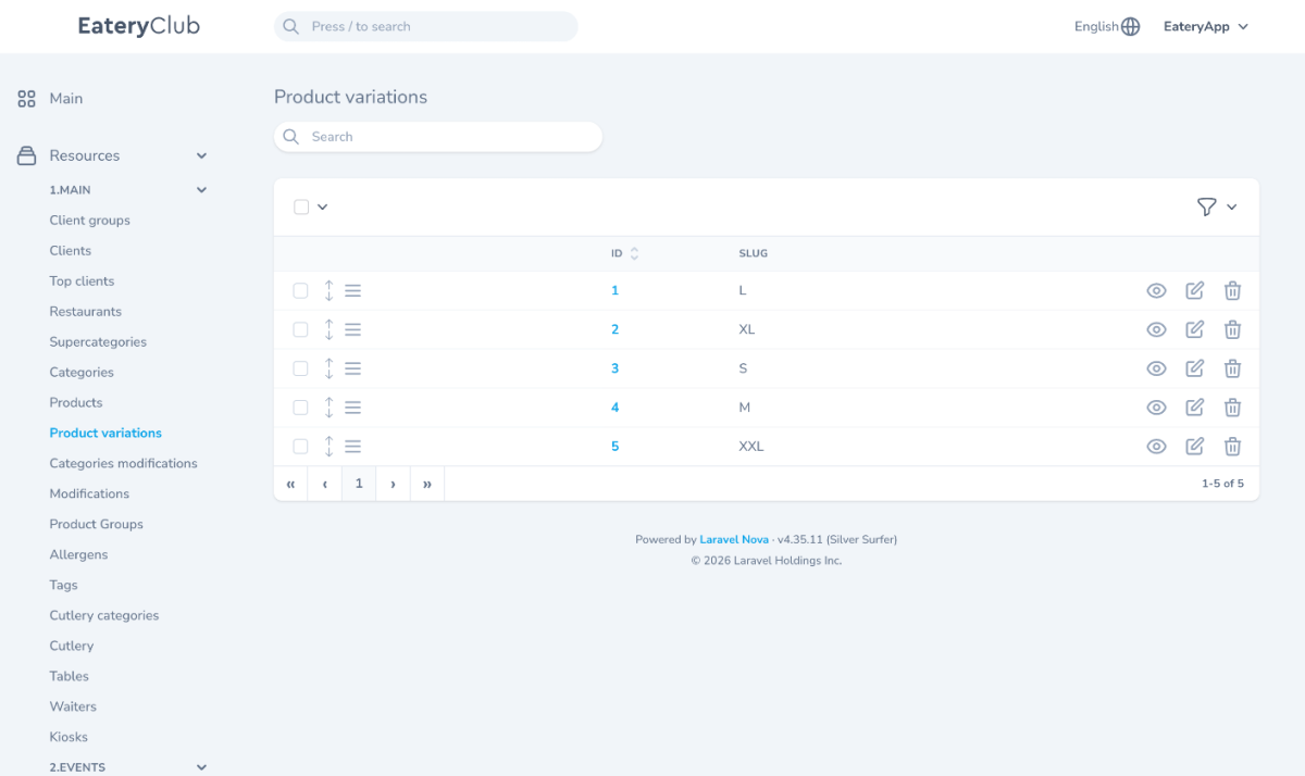 The English index is “Product variations” under “1.MAIN”; its columns are “ID” and “SLUG”. The screenshot shows L, XL, S, M and XXL. No creation button is visible on this index screenshot.