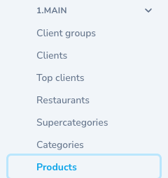 Detaliu al ecranului de administrare: 1.MAIN / Products