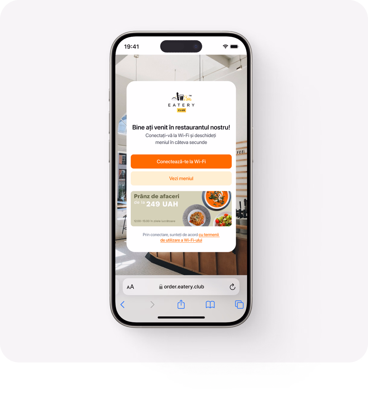 Interfața Captive Portal cu meniu și promoții pe smartphone